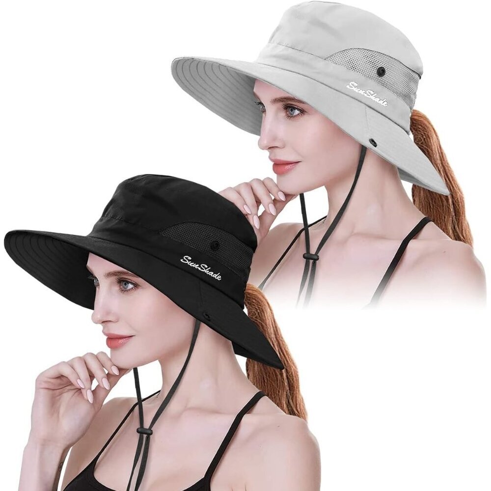 Women's Beige & Black Set Of 2 Wide Brim Mesh Boonie With Chin Strap Cowboy Hat
